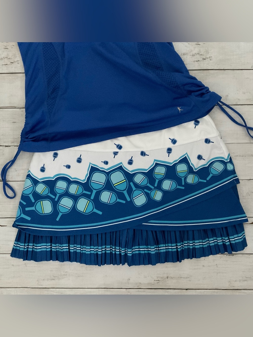 Lucky in Love Pickleball paddle print skort 2pc set, White Blue Pleated Skirt, M